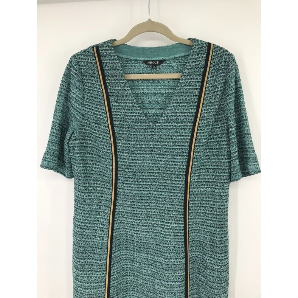 Misook Womens Green Knit Short Sleeve V-Neck Dress size medium Gold embellished - Picture 7 of 15